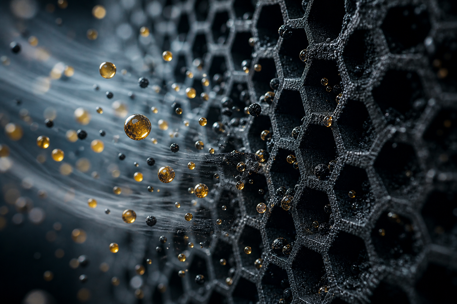 Grease droplets and carbon particles captured in a filter structure